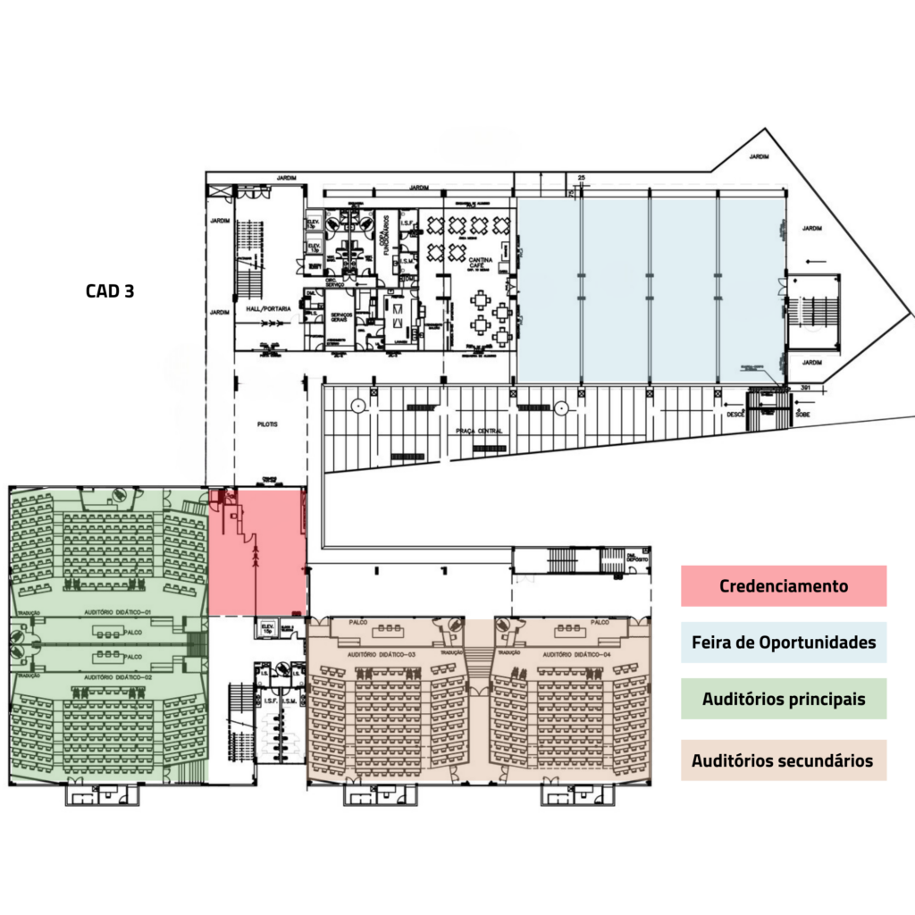Planta baixa do CAD3, destacando onde ocorrerá cada parte do DCC Week de 2024.